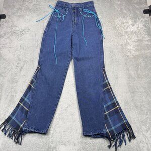 Vintage Reworked High Rise Jeans Plaid Scarf Flare Denim Y2K Retro Western